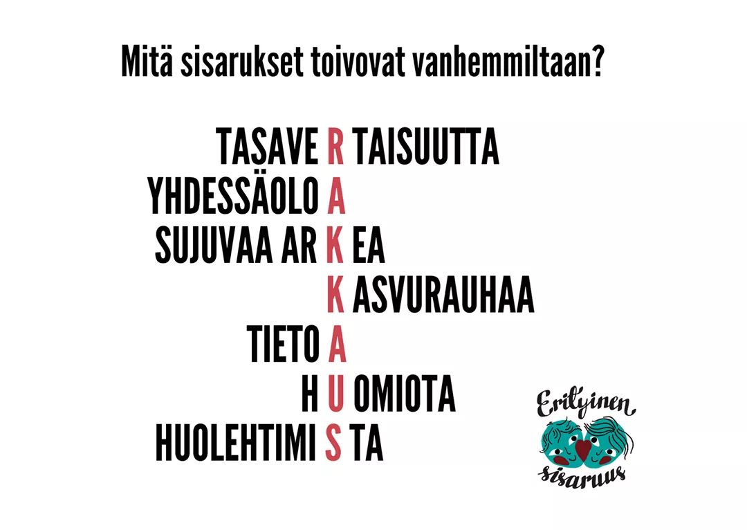 erisisaruus's tweet photo. Mitä pitkäaikaissairaiden ja vammaisten lasten sisarukset toivovat vanhemmiltaan? Pienetkin teot ja huomionosoitukset ovat tärkeitä. #erityinensisaruus #sisarustenpäivä https://t.co/eVegTK88Gz