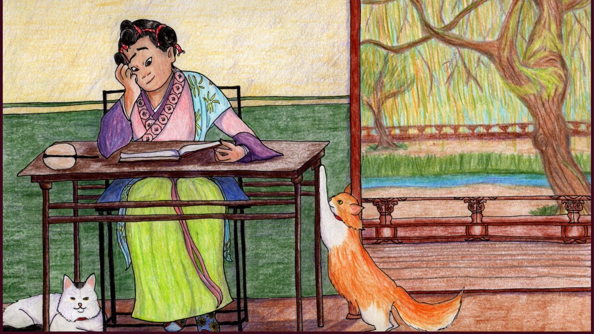 It's  #NationalPetMonth so here is a thread of medieval women with their pets! First off is Miss Zeng, a young student of history from Song Dynasty China. Cat fancying was big in upper-class China and they bred the shimao, or "lion cats", some of the first known long-haired cats!
