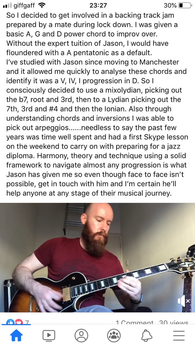 Lovely unexpected post from a long term student on #Facebook 
If you’re interested in #Online #GuitarLesons or #MusicTheoryLessons just drop me a DM 
#GuitarTuition #MusicTheoryTuition #PopularMusicTheory #Trinity #RGT #LCM #Rockschool #ZoomGuitarLessons #SkypeGuitarLessons