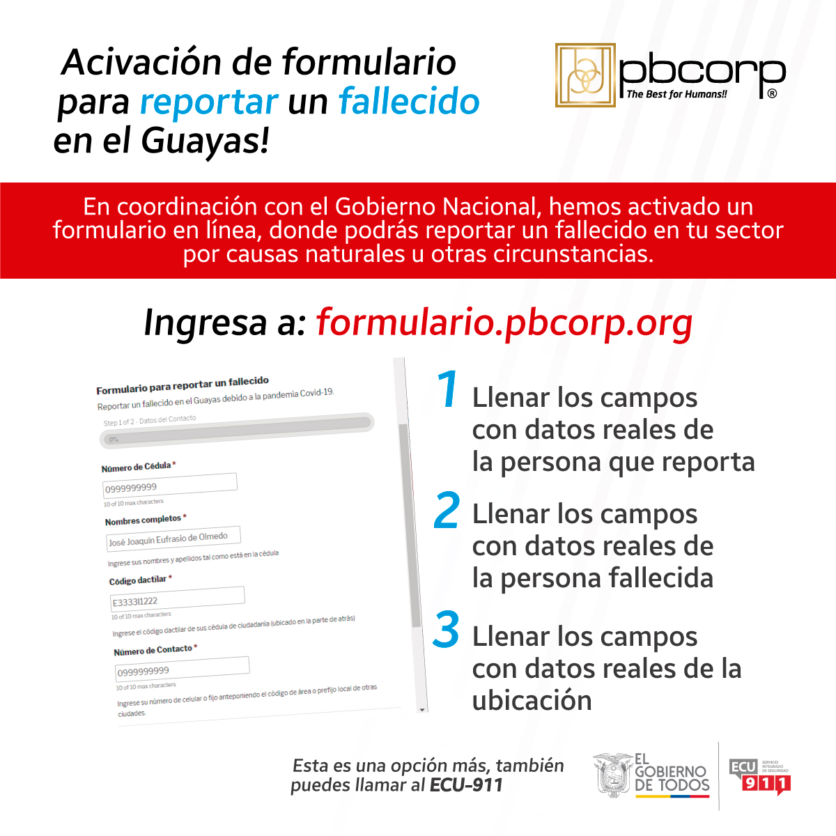 pbcorp_sa's tweet photo. En coordinación con el #GobiernoNacional hemos activado un formulario para reportar a una persona fallecida en tu sector. 🚓 ingresa a: ➡️ https://t.co/ZJBgoKZvC7 llena los campos con datos reales y envía.
⚠️ COMPARTE LA INFORMACIÓN PARA QUE MÁS PERSONAS LO SEPAN #Covid19Ec https://t.co/kHstrlEmp0