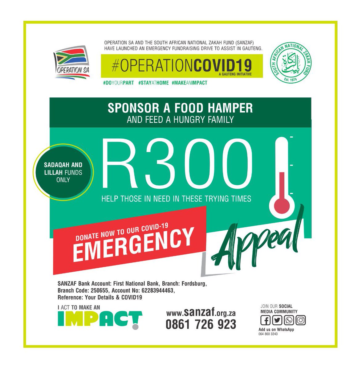 Sponsor a food hamper please. #OperationCovid19Fund Donate now please:  SANZAF Fordsburg  FNB - 250655 Acc No: 62283944463 Reference:  Covid Your Contact No or visit bit.ly/2QQheBd <a href="/SANZAFSA/">@SANZAF</a> <a href="/OperationSA1/">Operation SA</a> <a href="/gpgSocDev/">Social DevelopmentGP</a> <a href="/Lesufi/">Panyaza Lesufi</a>