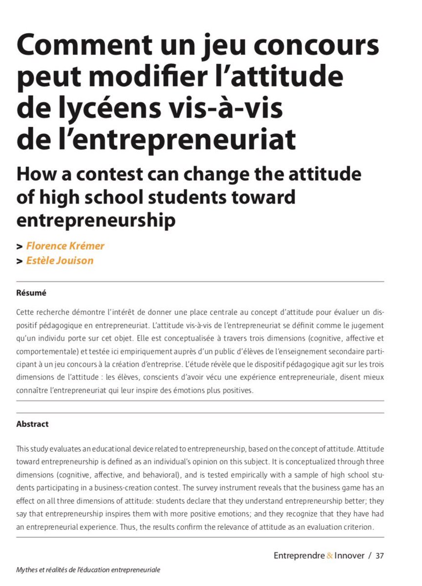 A lire « Comment un jeu concours peut modifier l’attitude de lycéens vis-à-vis de l’entrepreneuriat » par 
Florence Krémer et Estèle Jouison
Dans Entreprendre &amp; Innover 2019/3-4 (n° 42-43), pages 37 à 49 <a href="/GRPLab/">GRP Lab</a> #entrepreneuriat #entrepreneurship #businessmodel <a href="/univbordeaux/">Université de Bordeaux</a>