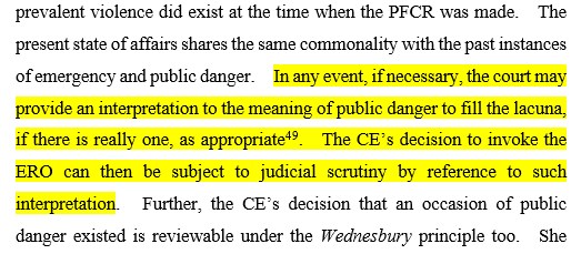 Appeal judges said that the chief executive is a "suitable" candidate to decide when there was public danger -- but this decision is subject to checks and balances. If she declares a public danger and you disagree, you can challenge her interpretation in court. (3/4)