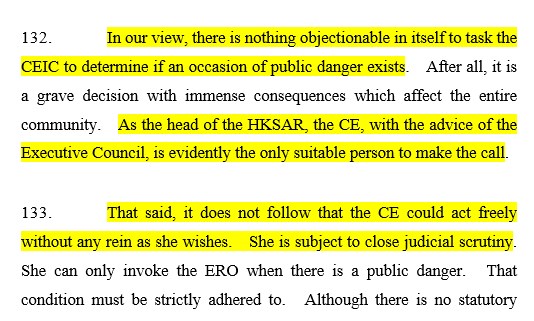 Appeal judges said that the chief executive is a "suitable" candidate to decide when there was public danger -- but this decision is subject to checks and balances. If she declares a public danger and you disagree, you can challenge her interpretation in court. (3/4)