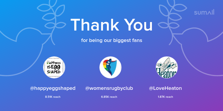 Our biggest fans this week: happyeggshaped, womensrugbyclub, LoveHeaton. Thank you! via sumall.com/thankyou?utm_s…