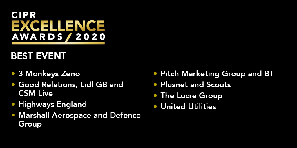 CIPR_Awards's tweet photo. Awesome work from @3MonkeysZeno, @goodrelations, @LidlGB, @CSM_Live, @HighwaysEngland, @MarshallADG, @pitchlondon, @bt_uk, @Plusnet, @UKScouting, @LucreUK and @unitedutilities – you’ve made it onto the 2020 #CIPREXCEL Best Event shortlist! https://t.co/0u1L1MHrb9
