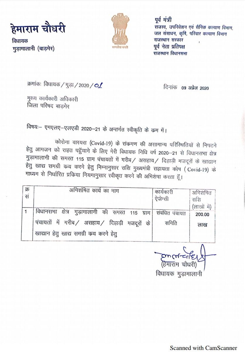 Hemaram_INC's tweet photo. विधानसभा क्षेत्र गुड़ामालानी की समस्त 115 ग्राम पंचायतों में गरीब, असहाय, दिहाड़ी मजदूरों के खाद्यान हेतु खाद्य सामग्री क्रय करने हेतु 2 करोड़ रुपए स्वीकृत किये। जनता की सेवा मेरी प्राथमिकता हैं। 
#राजस्थान_सतर्क_है 
@ashokgehlot51 @SachinPilot https://t.co/PInMNy8haY