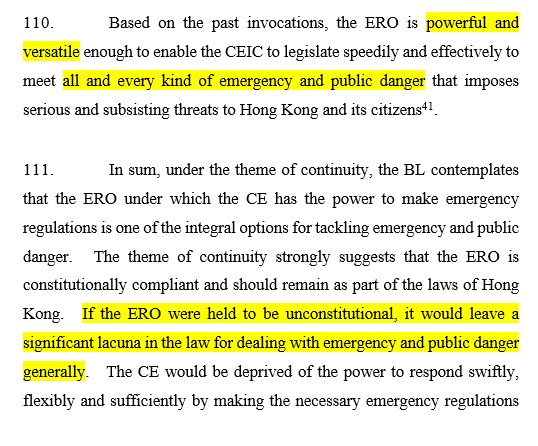 The bottom line is: the ERO should remain on the law books, according to  #HongKong appeal judges. Because there are enough safeguards for the ERO's operation (both in LegCo and in court), the "public danger" ground of the ERO is constitutional, they said. (4/4)