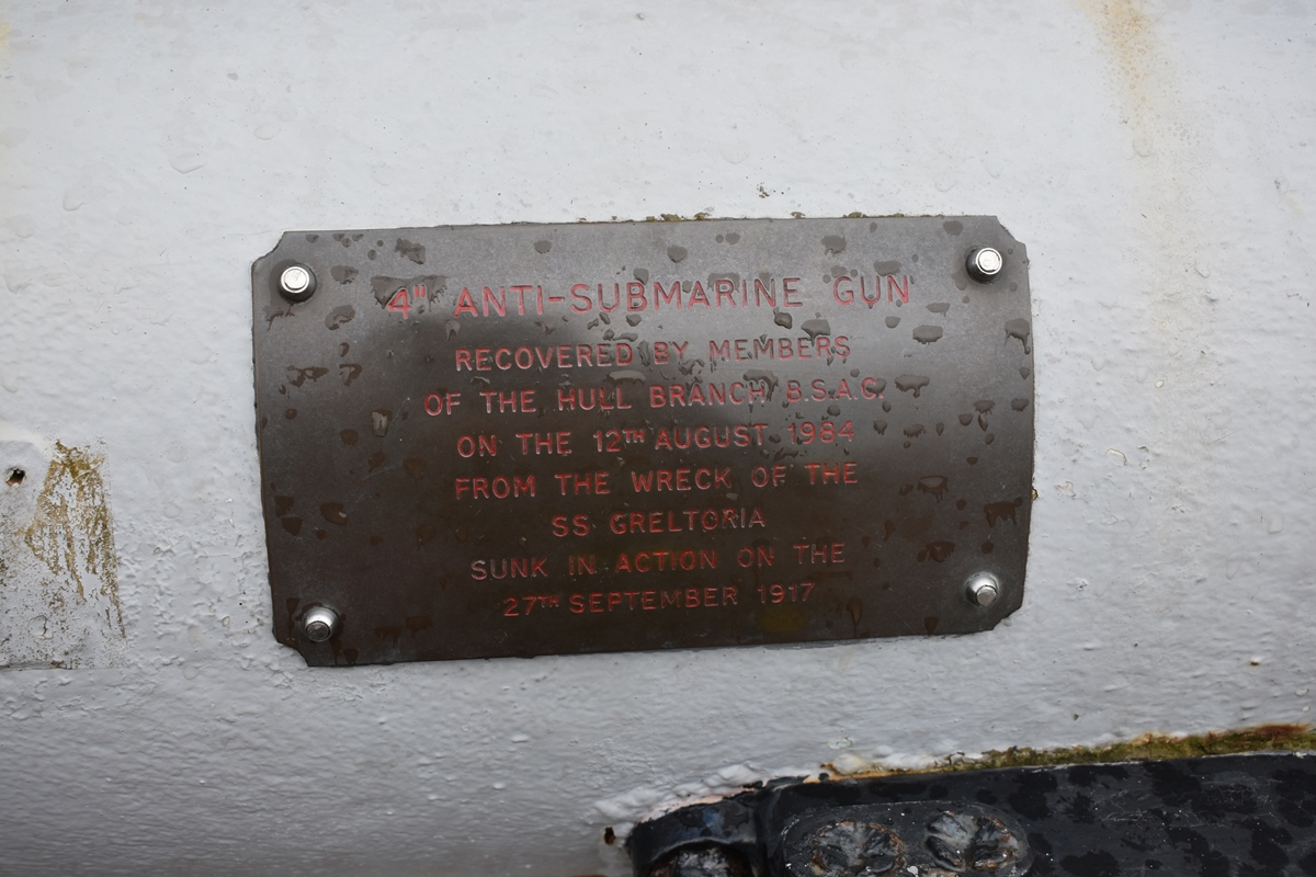 SS Greltoria was sunk on 27 September 1917 on its maiden voyage. Attacked by a German submarine, the vessel sank just off Flamborough Head. The gun was salvaged on the 12 August 1984. Greltoria is listed in the 1917 casualty returns on the  @LR_HE archive- https://hec.lrfoundation.org.uk/archive-library/casualty-returns