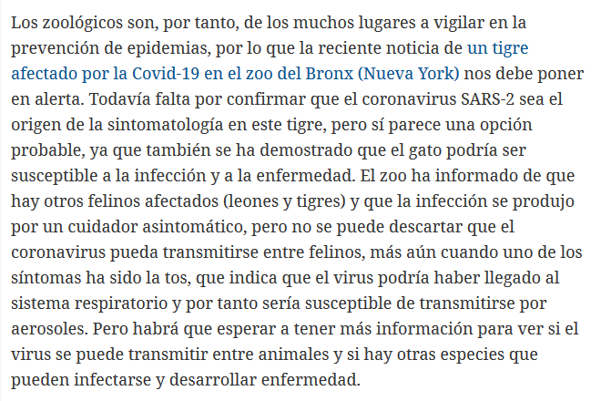 Pasamos a cuando habla del *posible* contagio de coronavirus a un tigre de un zoológico evitando mencionar que en ningún momento se ha temido por la vida de los animales y que en estado salvaje los animales también están expuestos a enfermedades  https://twitter.com/BNODesk/status/1246902298179182597