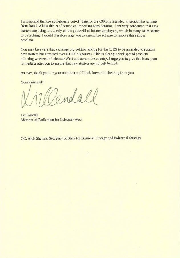 NewStarterJust's tweet photo. Thank you so much to @leicesterliz for writing this excellent letter to @RishiSunak, asking for change to the policy to protect and support new starters. Thank you for joining our fight for the 80% income that we should be entitled to. #newstarterfurlough #wearethetaxpayers https://t.co/5lL0tbPlT1
