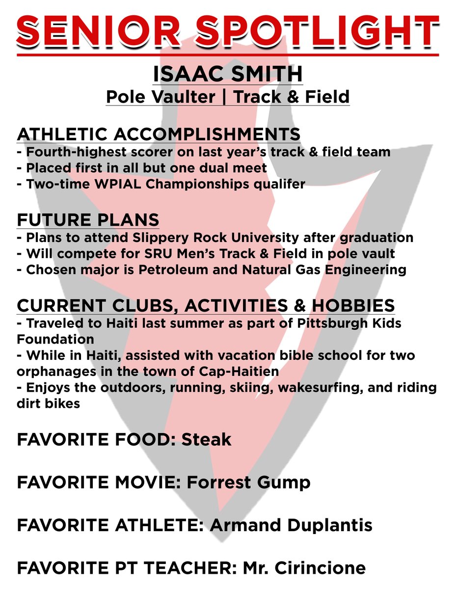 Pole vaulter Isaac Smith is in the spotlight today.  Be sure to scroll through our Twitter feed to check out all the previous profiles of spring senior athletes.