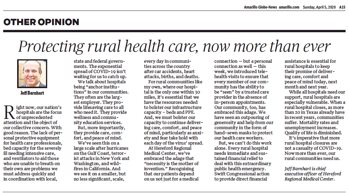 CEO, Jeff Barnhart, of Hereford Regional Medical Center, published an op-ed in the Amarillo and Lubbock newspapers on Sunday on the critical need for rural hospitals, especially now. #ruralmatters #ruralhealth