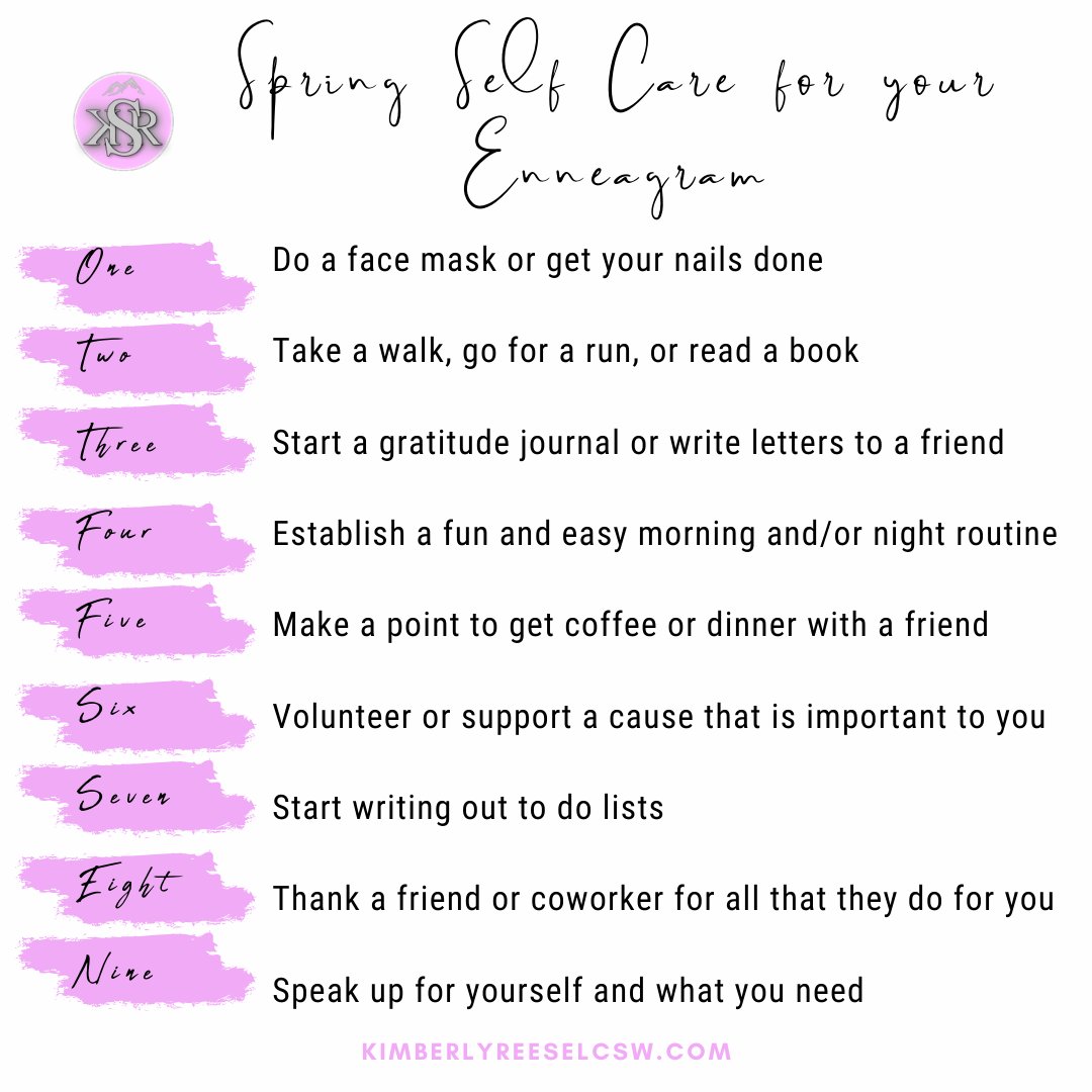 KReeseLCSW's tweet image. Self care is something that you should fit into your daily routine this Spring and what better way to incorporate it than have a regimen built for you based on your personality type? #enneagram #enneagramtype #springselfcare #selfcare