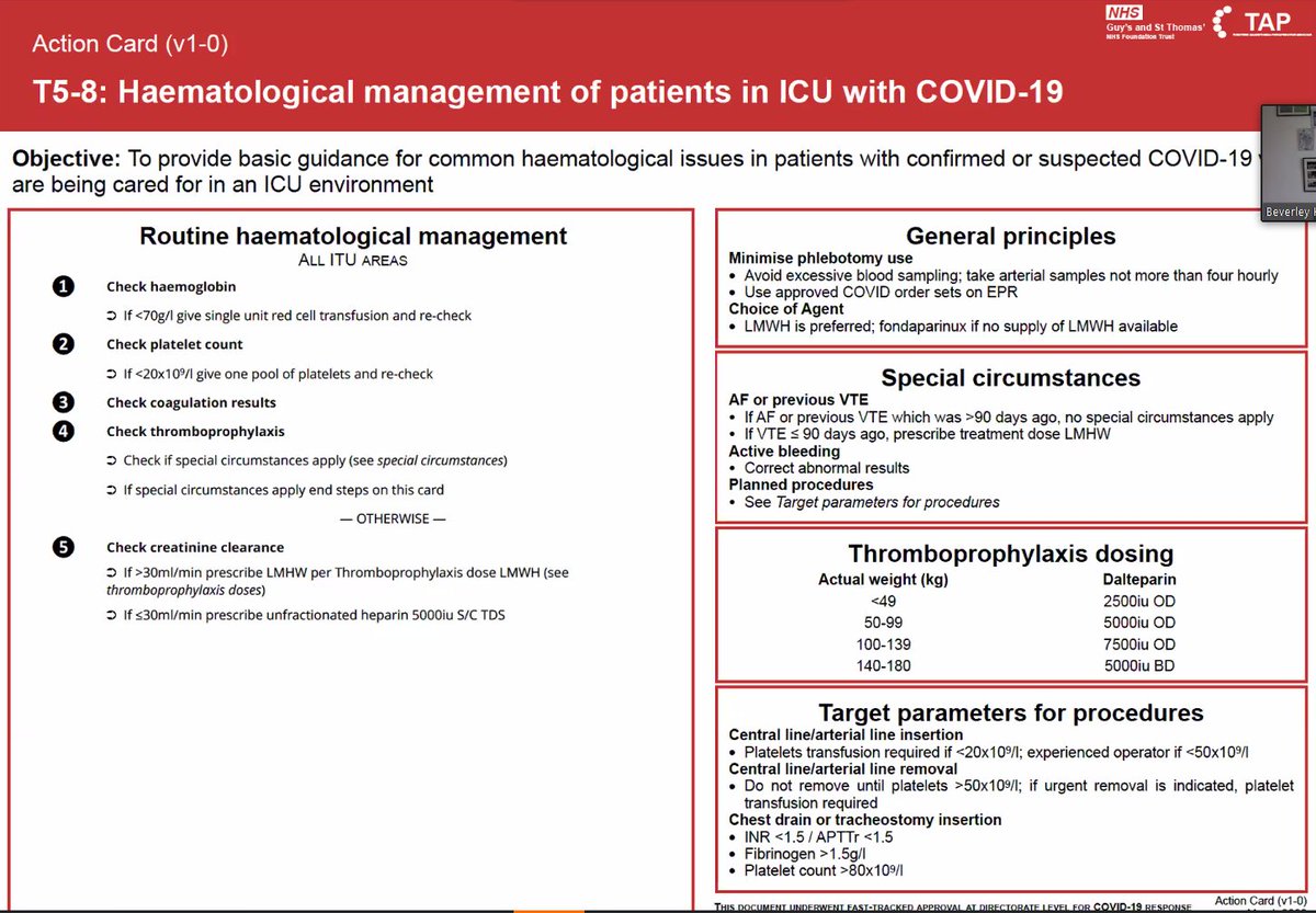 An excellent action card on haematological management of patients in ICU with  #COVID19 from  @GSTTnhs  @GSTT_ICU