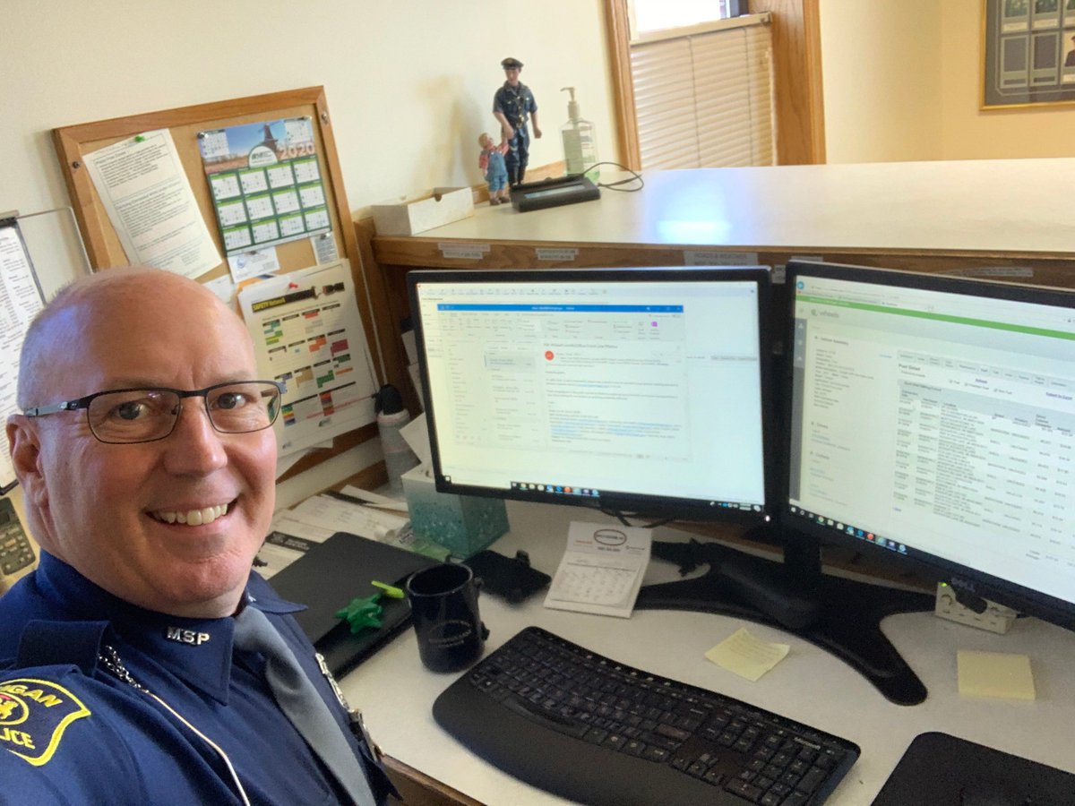 Members of the Michigan State Police continue to  #DoMIpart during the  #COVID19 emergency. Here’s a look at the  #ViewFromMyOffice of Sgt. Scott Bates operating the Houghton Lake Post.