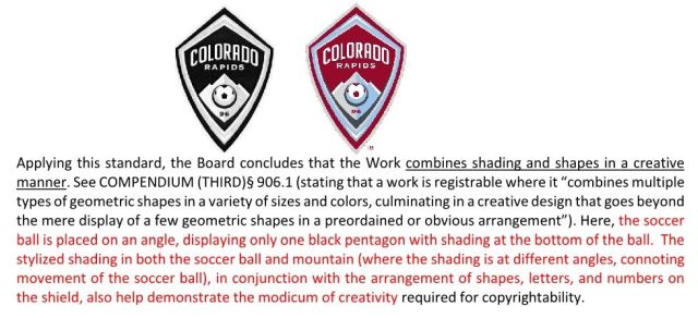 The #Copyright Review Board finds a shield logo registrable due to shading of common geographic shapes combined with an arrangement of other shapes, letters, and numbers. Hmm. How do you "angle" a ball? bit.ly/2y5ExQM (pdf). All decisions bit.ly/2wEHQdJ