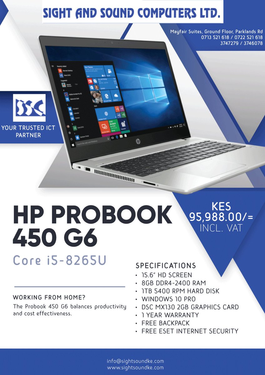 SightSound254's tweet image. If you are working from home then all you need is the #hp PROBOOK  450 G6 which balances productivity and cost of effectiveness to give you a better result in all that you wish to achieve in your work or project. 
#SightandSoundComputersKe