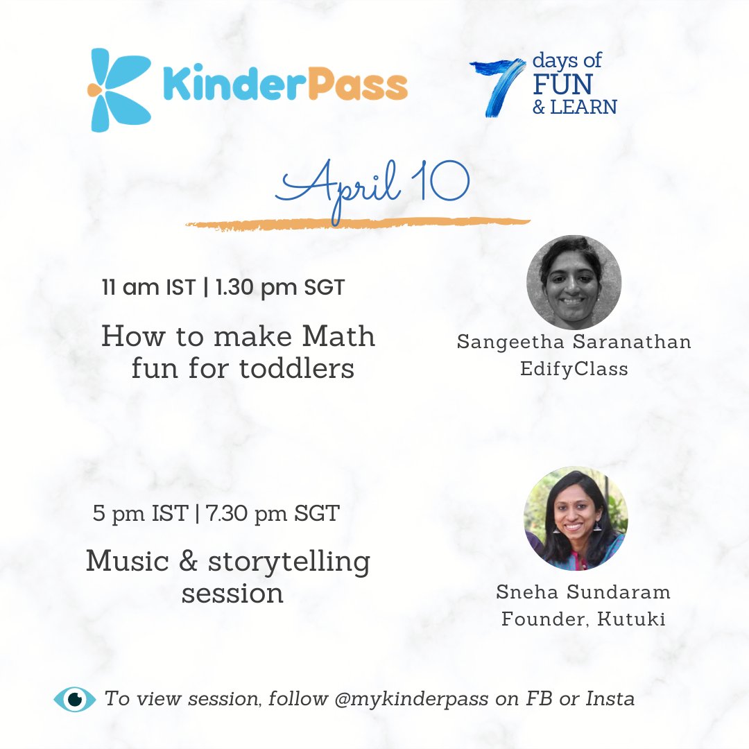 ✨Day 3 of 7 Days of Fun &amp; Learn: Join us tomorrow on our Instagram &amp; Facebook channel <a href="/mykinderpass/">KinderPass</a> at 11 am &amp; 5 pm IST (1:30 pm &amp; 7:30 pm SGT) for fun &amp; learn sessions by Sangeetha Saranathan, Edify Class and Sneha Sundaram⁠, Founder, <a href="/kutukikids/">Kutuki</a>.
#lockdownlearnings