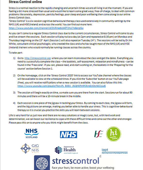 HSEschoolsteam's tweet photo. The evidence-based programme @StressControlUK is being made available freely online.

Classes start next Monday 13th April. The six sessions will run on Mondays &amp; Thursdays at 2pm &amp; 8.30pm. Each class is 90 mins.

For video links and more info see https://t.co/bcsxOLXnwO 
#edchat https://t.co/PxdZhG3Tgk