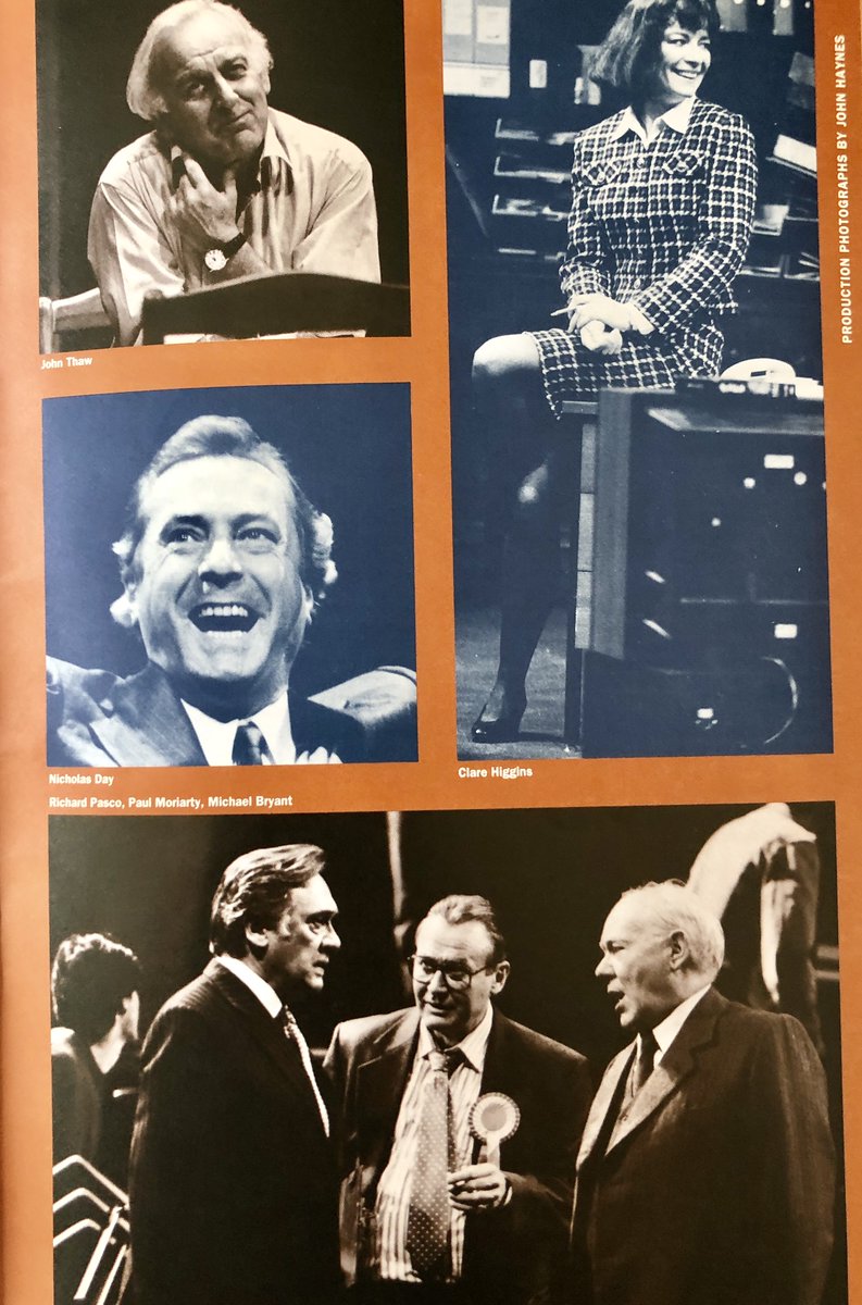 Dudley says  #JohnThaw was 'excellent' as the politician who, passion smothered by cautious advisors, fails to win over voters. #TheAbsenceOfWar premiere cast also included Clare Higgins, Adrian Scarborough & Oliver Ford Davies. Any  @NationalTheatre memories?  #DudleysProgrammes