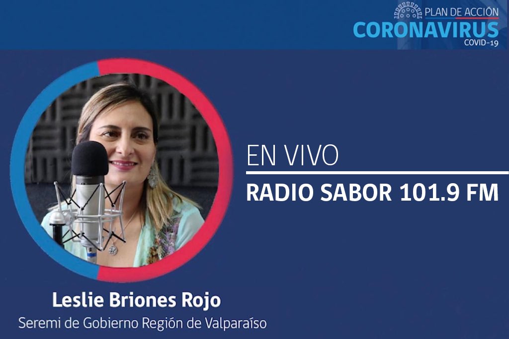 voceriavalpo's tweet photo. 🔴[AHORA] Seremi @LeslieBrionesRo en vivo por #RadioSabor a través del dial 101.9 FM entregándonos información sobre el #PlanCoronavirus que lleva adelante el @GobiernodeChile, además de la extensión de plazo para postular a fondos concursables de @segegob. https://t.co/XaDomHa67a