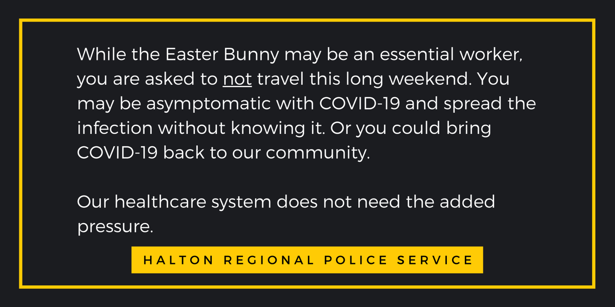 HaltonPolice's tweet photo. For the health and safety of our province, our community, our healthcare workers, and our first responders, please stay home this long weekend and only travel if it’s absolutely essential. 

Now is *not* the time to visit friends and extended family. We need to stay the course. https://t.co/QqVnBy7gjV