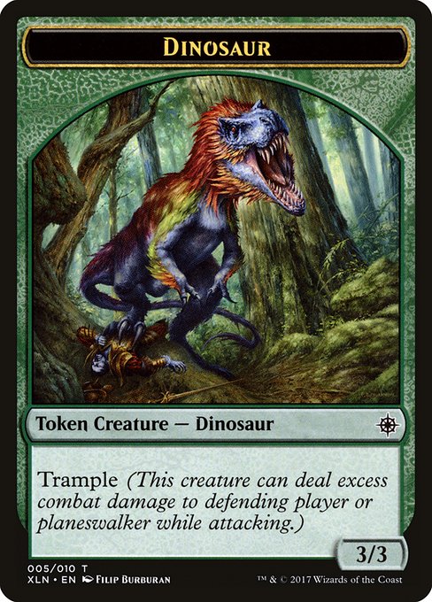 Dinosaur variants got 3 new tokens overall, but I mostly want to point out the the original 3/3/ Green Trample version has a'full art' printing from Game Night.  #mtgtokens