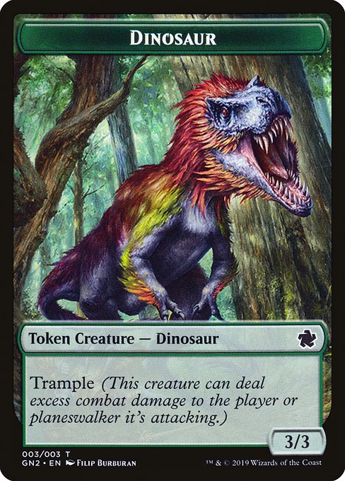 Dinosaur variants got 3 new tokens overall, but I mostly want to point out the the original 3/3/ Green Trample version has a'full art' printing from Game Night.  #mtgtokens