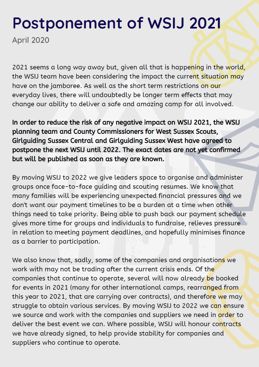 WSIJ2022's tweet photo. IMPORTANT UPDATE
WSIJ 2021 is being postponed until 2022 - please see the attached statement for more information. The WSIJ planning team are still had at work and are looking forward to welcoming as many members of @worldscouting and @wagggsworld as we can! https://t.co/H0d5BT3c6I