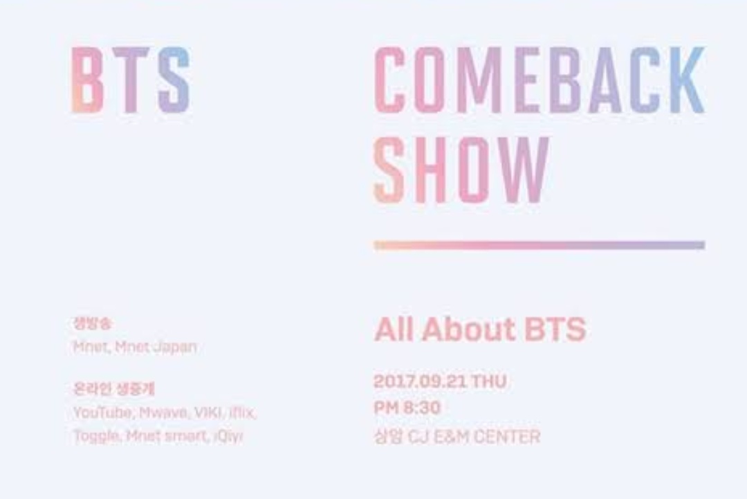 Their First ever comeback show(Not Vlive) MNET Special comeback show- BTS DNASEPTEMBER 21,2017