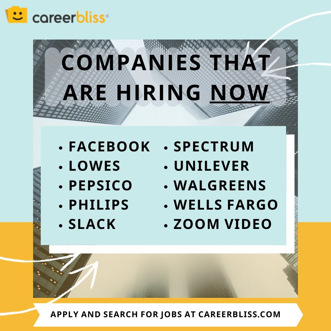 Currently unemployed or simply uncertain about how your current job will hold up in the coming weeks? Check out these companies that are hiring now. Apply at bit.ly/QsaGEN #hiringnow #hiring #recruiting #unemployed #employment #jobs #gethired #careerbliss #gethired