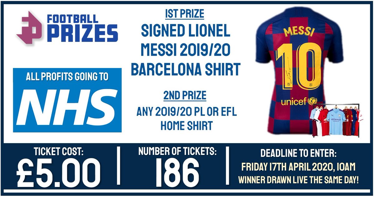 football_prizes's tweet photo. All profits going to the NHS!

1st Prize - Signed Lionel Messi 2019/20 shirt with certificate of authenticity

2nd Prize - Any 2019/20 Premier League or EFL home shirt of your choice!

To enter, visit https://t.co/FYTRHN84g9.

Entry is just £5.00 with all profits going to the NHS https://t.co/yFECuPSdtP