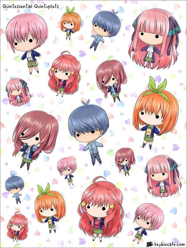 keybiecafe's tweet photo. We won't be able to release new designs in our locations for a while, but that doesn't mean we're not working on them!

Adding the Nakano Quintuplets + Futarou to our collection, totaling 6 new keybies and a sticker sheet <3 https://t.co/nTkQRETEbr
