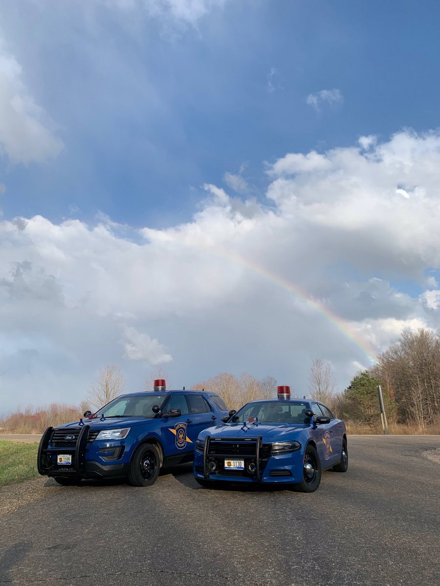 Members of the Michigan State Police continue to  #DoMIpart during the  #COVID19 emergency. Here’s a look at the  #ViewFromMyOffice of Tprs. Taylor Klotz and Alan Mater on patrol in Ingham County catching a rainbow.