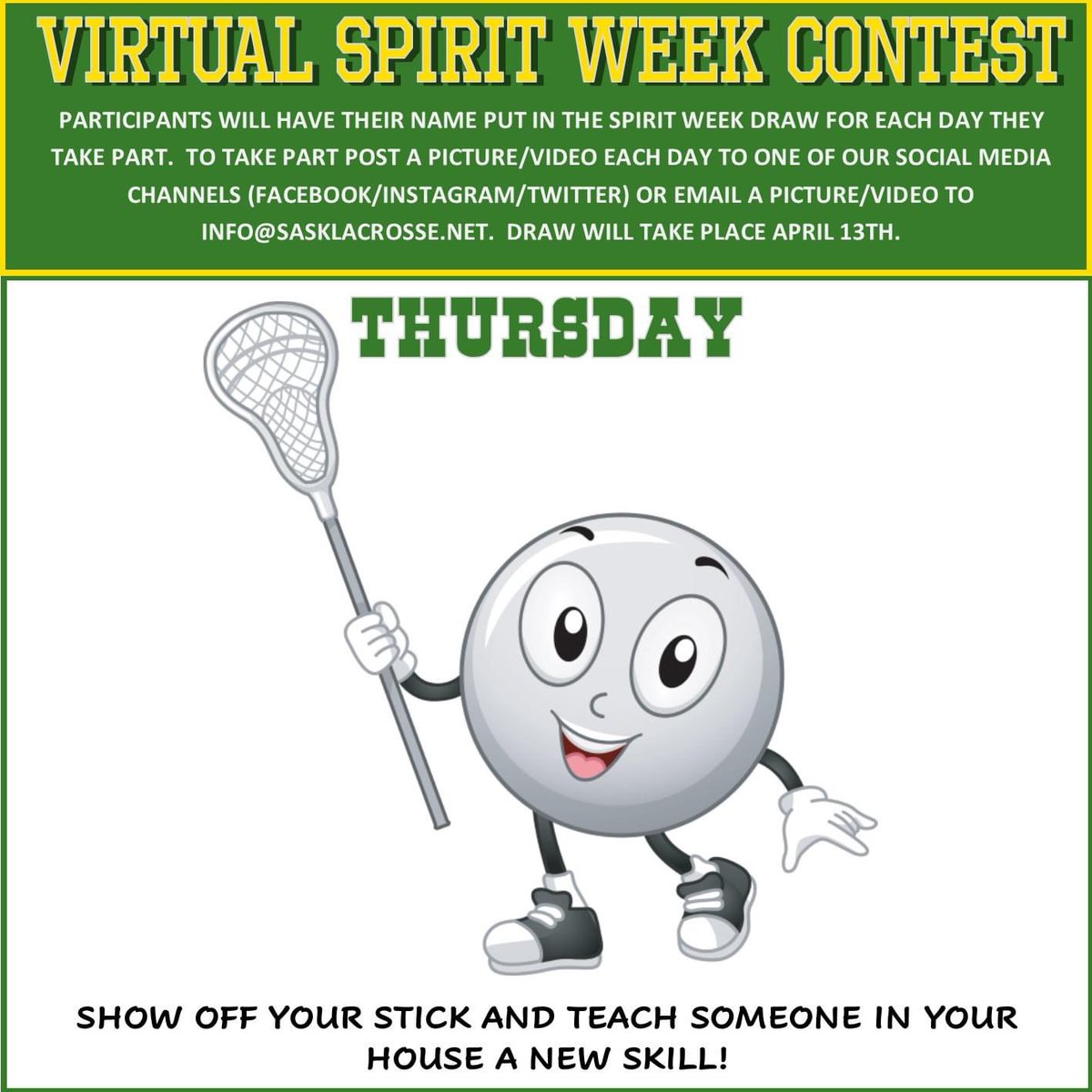 SaskLacrosse's tweet photo. Show off your stick and how you have personalized it, then use your stick to teach someone in your house a new skill! #VirtualSpiritWeek #KeepingBusyTogether #SaskLacrosse https://t.co/F11Jzs36uS