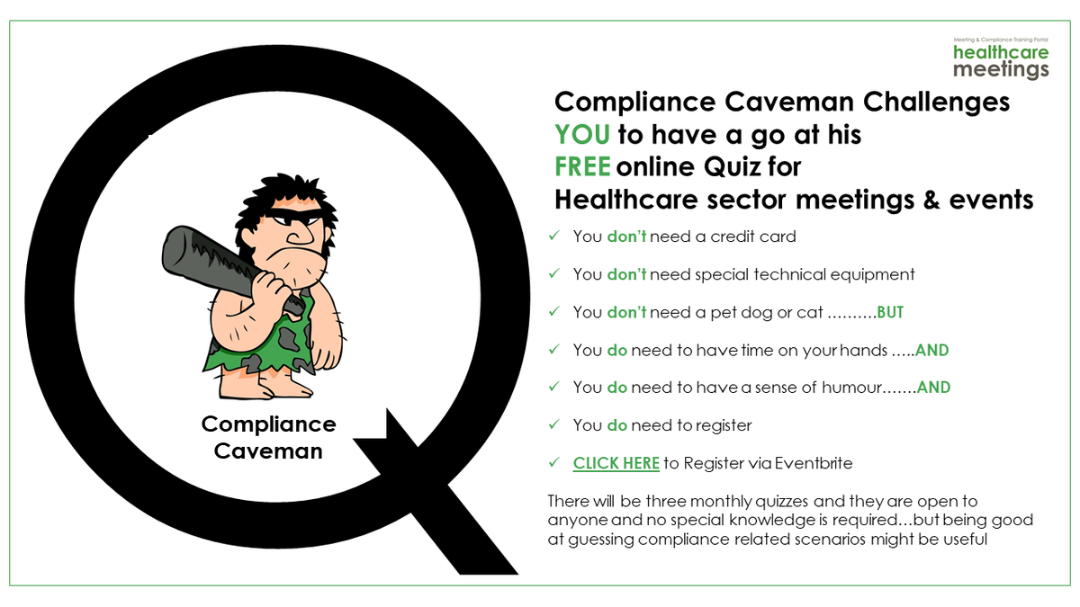 Today we announced that anyone can register for our Compliance Caveman Quiz via Eventbrite. Its FREE, so go on, test your knowledge and have a bit of fun. Goodness knows we need a bit of that right now. Good luck. 
#healthcarevenues #compliancegeeksquad #StayHomeSaveLives
