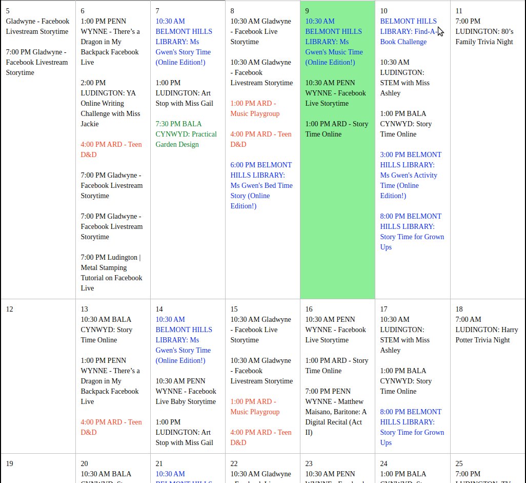 A full menu of activity! You can see ours, and each exciting <a href="/lowermerionlibs/">Lower Merion Library System</a> online event here: eventkeeper.com/mars/xpages/L/…. New programs added daily.