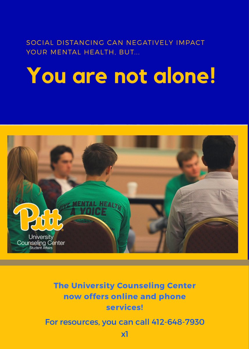 PittPlogging's tweet photo. If you are struggling, know that you have resources available to you! Reach out to others, you are not alone 💙💛 You can call the Pitt counseling center at 412-648-7930 https://t.co/Dp5IfrLlug