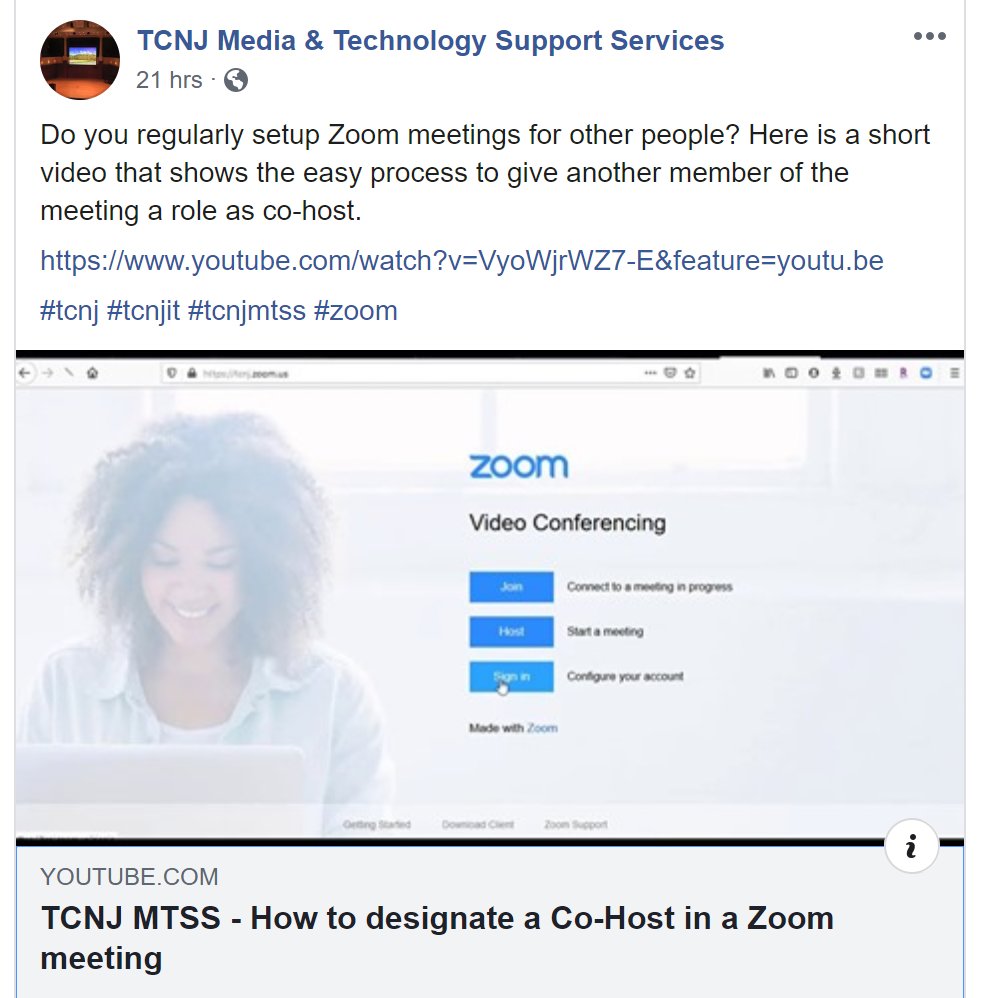 TCNJIT's tweet photo. Do you regularly setup Zoom meetings for other people? Here is a short video that shows the easy process to give another member of the meeting a role as co-host. TCNJ Media &amp; Technology Support Services. #tcnjmtss #tcnj @TCNJ https://t.co/cxdM89g3Ra