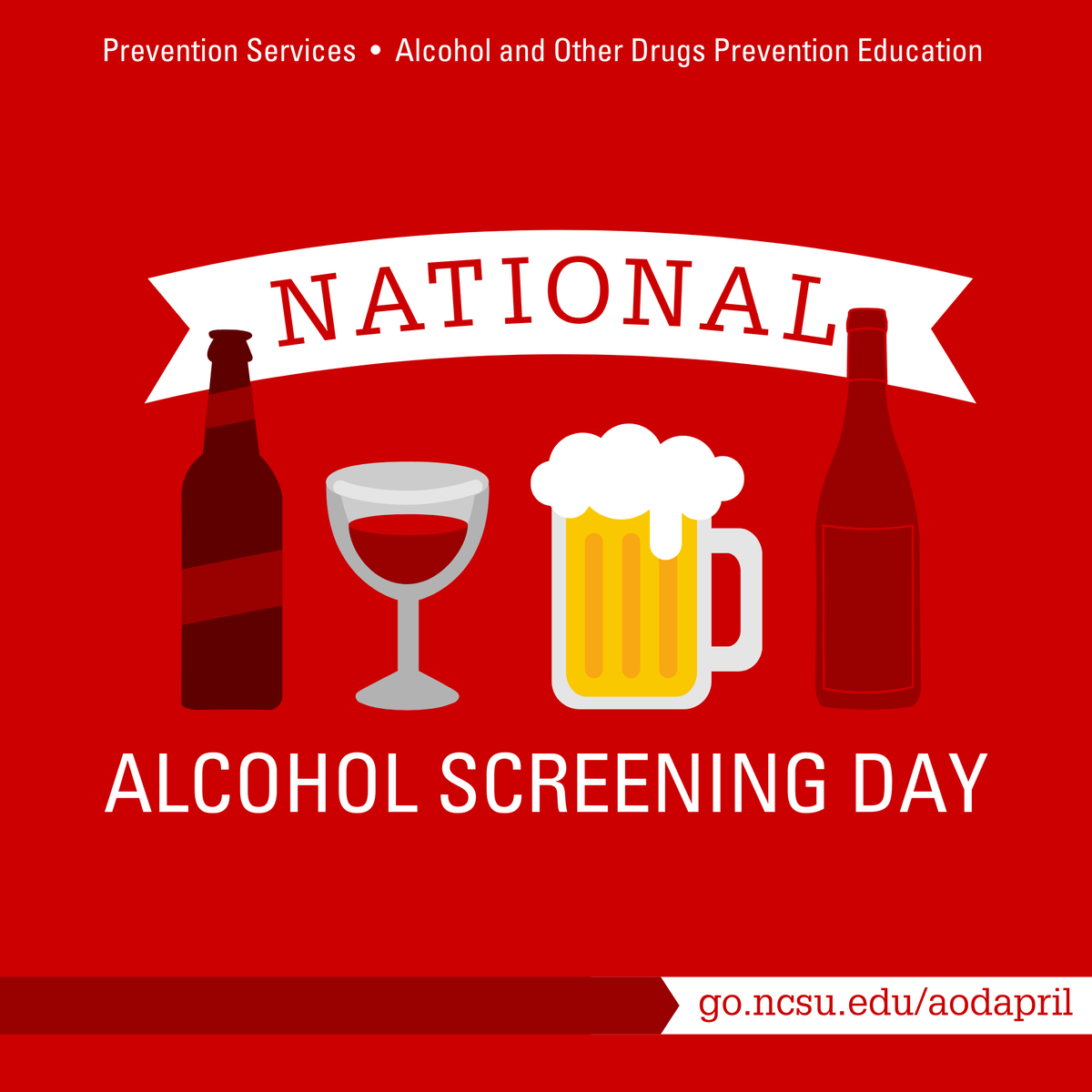 NCSUCounseling's tweet photo. It's National Alcohol Screening Day! NASD is an educational screening initiative. 

How you can participate:
- Complete confidential alcohol screening through eCHUG
- Let's Talk | Chat with one of our AOD team members (confidential + non-judgmental!)

#nationalalcoholscreeningday https://t.co/TtZD0MeHv5