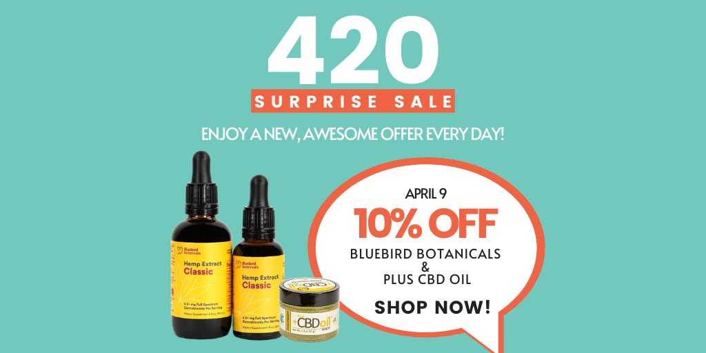 4/20 Surprise Sale! Enjoy 10% OFF all Bluebird Botanicals &amp; Plus CBD Oil products today💚

Shop now!
soo.nr/krxF

#HealthyHempOil #CBDempowered #cbd #420