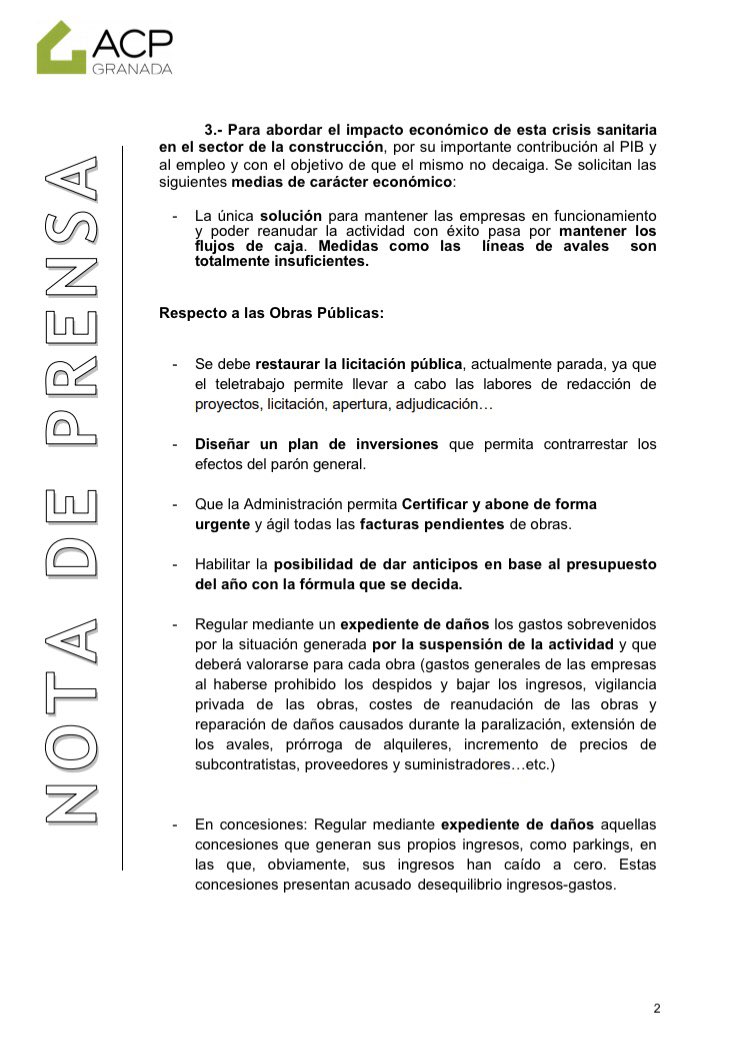 acpgranada's tweet photo. 2/2 La construcción de Granada reclama medidas urgentes para abordar situación
- No se puede continuar en permiso retribuido recuperable
- Es necesario reactivar licitación pública 
- Es necesario hacer plan de inversion publica
- Expedientes daños concesiones
- Apoyo financiero https://t.co/sVyIkCZaXc