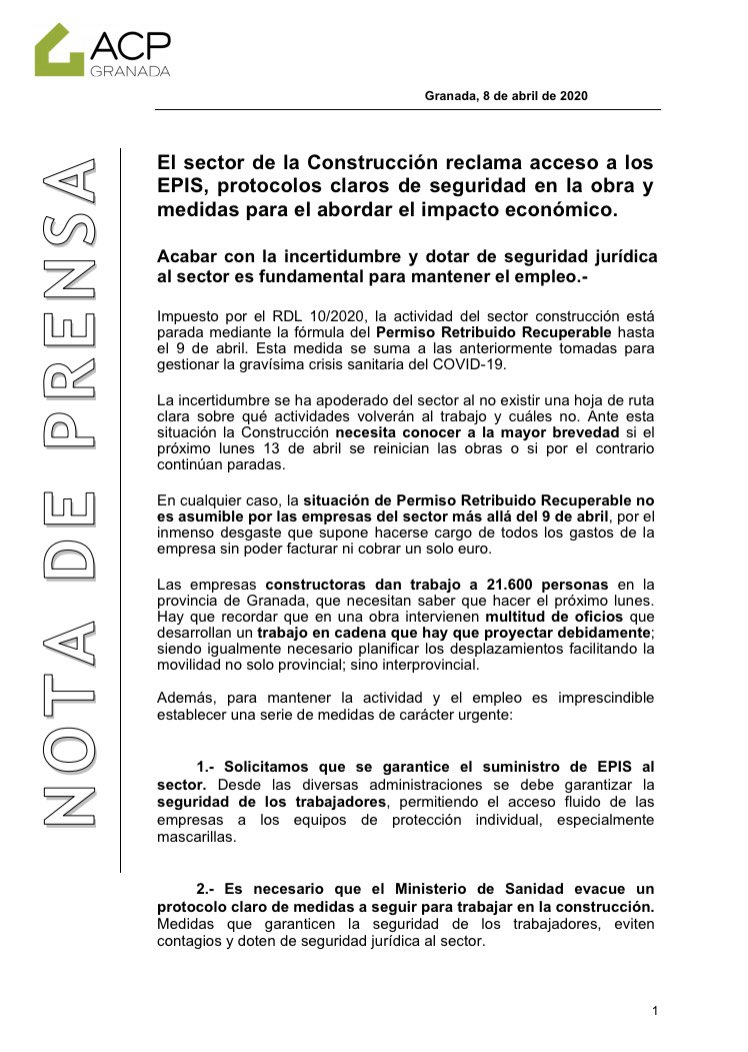 acpgranada's tweet photo. 2/2 La construcción de Granada reclama medidas urgentes para abordar situación
- No se puede continuar en permiso retribuido recuperable
- Es necesario reactivar licitación pública 
- Es necesario hacer plan de inversion publica
- Expedientes daños concesiones
- Apoyo financiero https://t.co/sVyIkCZaXc