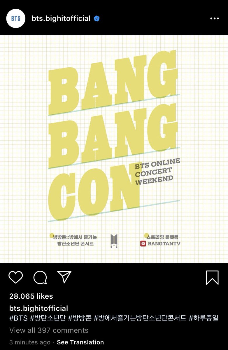 lNDOMY's tweet photo. BANGBANGCON !!

Tanggal 18-19 April jam 10 pagi WIB BANGTANTV di Youtube akan live streaming konser dan MUSTER @BTS_twt !!

Bangbangcon, singkatan dari 방에사즐기는방탄소년단콘서트, yang artinya konser BTS yang dinikmati di kamar. https://t.co/64JFHAbdKF