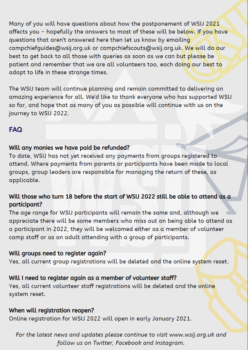 IMPORTANT UPDATE
WSIJ 2021 is being postponed until 2022 - please see the attached statement for more information. The WSIJ planning team are still had at work and are looking forward to welcoming as many members of <a href="/worldscouting/">World Scouting</a> and <a href="/wagggsworld/">World Association of Girl Guides and Girl Scouts</a> as we can!