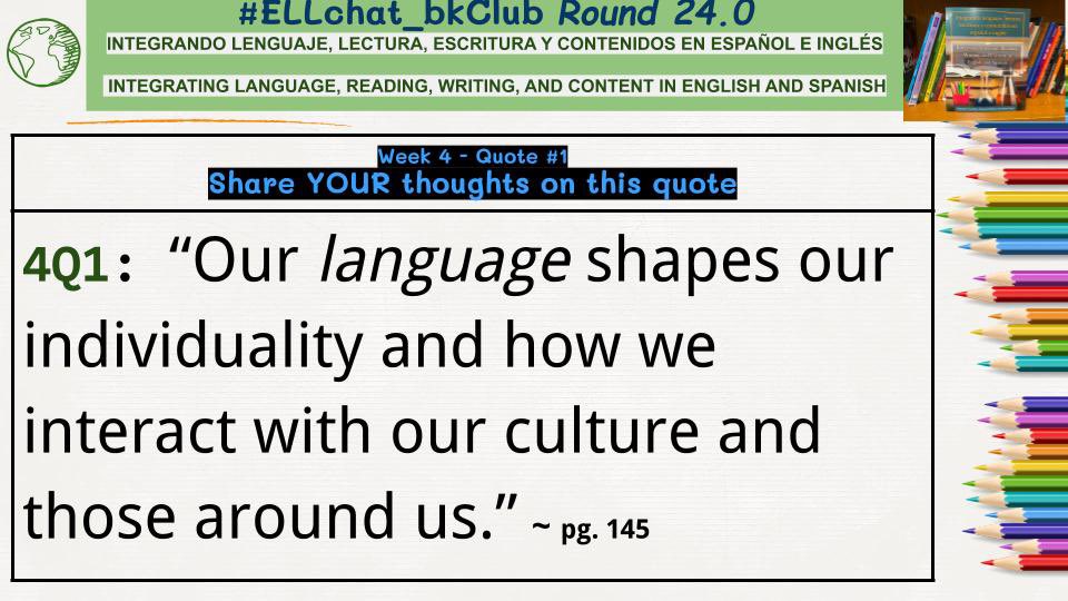 #ellchat_BkClub 24.0
B/C This is #truth: Ts can't ignore/strip Ss of lang &amp; build meaningful relationships. Don't speak S's L1? honor the L1 by offering LIT experiences in L1 or English with new role as a dual lang learner <a href="/emilyfranESL/">Emily Fɾαɳƈιʂ</a> <a href="/ABCD2SCo/">Shawn Slakk, EdD</a> @calderonexc