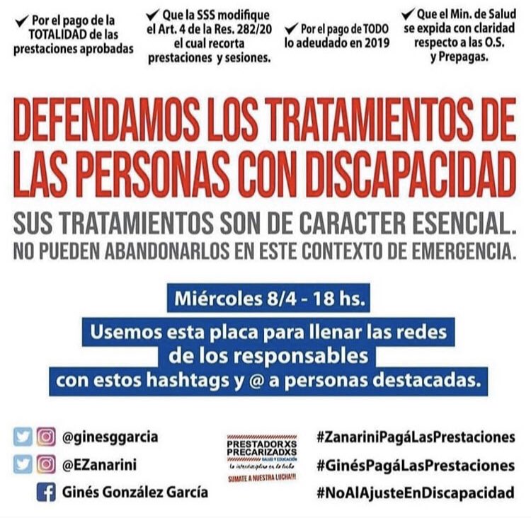 LuciLGonzalez's tweet photo. Por favor difundir @ginesggarcia @EZanarini 
#NOalajusteendiscapacidad 
#ZanariniPagaLasPrestaciones 
#GinesPagaLasPrestaciones https://t.co/9s3bfsEh4V