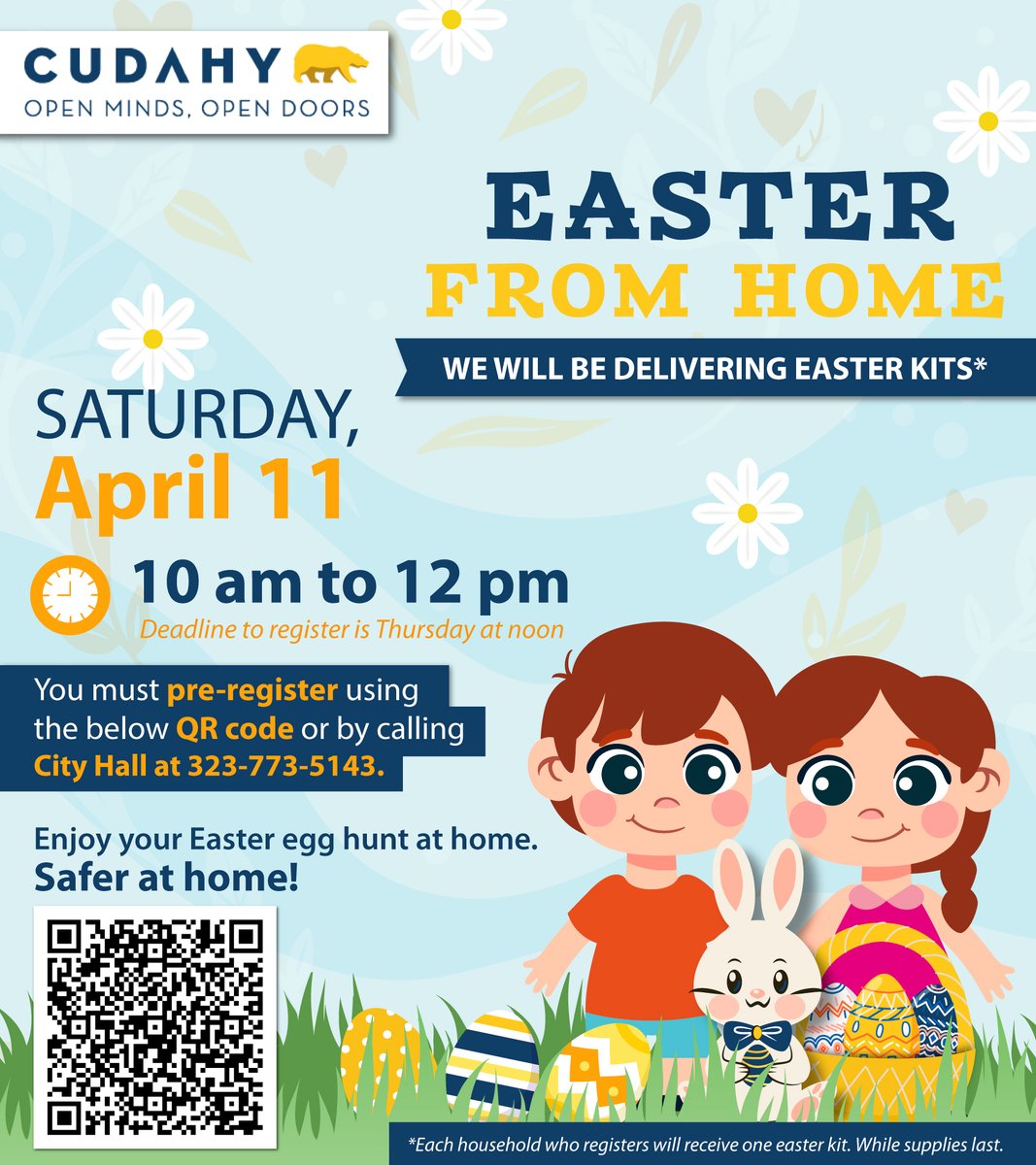 CityOfCudahyCA's tweet photo. LAST DAY to pre-register for an easter kit at https://t.co/weL5EBVjKy, using the QR Code below or calling 323-773-5143 today before noon!
#cudahyca #southeastla #easterkit #saferathome #easterathome
@lizfromsela @Jrgvice https://t.co/c4MNB4HJCc