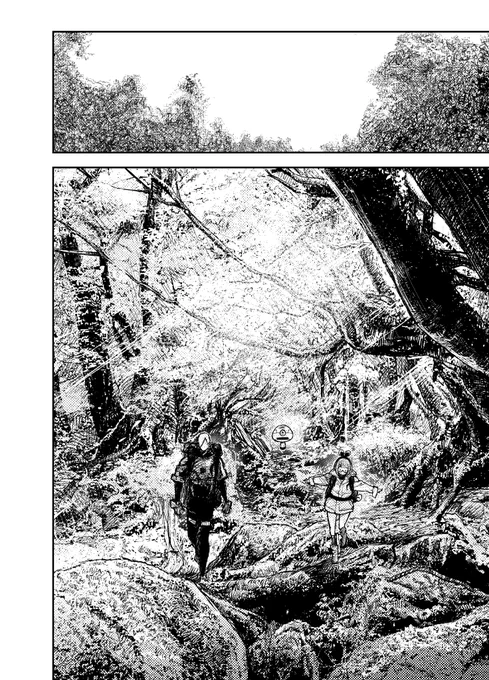 HEARTGEAR次回更新分のとある1ページ。アシスタントのシミズ君が「タカキさん…木と葉っぱがゲシュタルト崩壊してきました…」って言いながらも頑張って描いてくれた森を見てほしい 